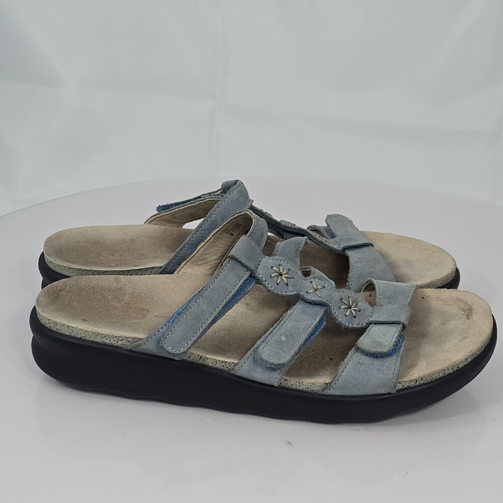 SAS NAPLES Women 7.5 M Light DENIM Blue Leather Comfort Adjustable Slide Sandals
